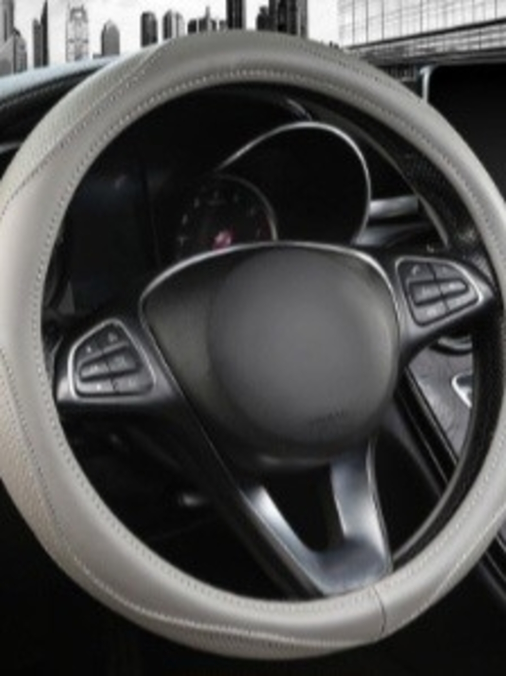 Grey Genuine Leather Steering Wheel Cover for Cars,Universal 14.5-15 inch Steer